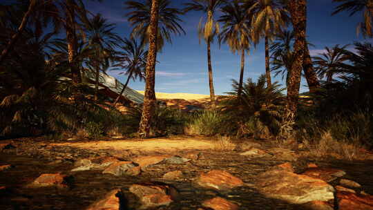 被棕榈树和崎岖岩石环绕的风景优美的土路