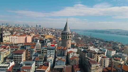 加拉塔塔的鸟瞰图，伊斯坦布尔古老的象征之一。博斯普鲁斯海峡和伊斯坦布尔的天际线。