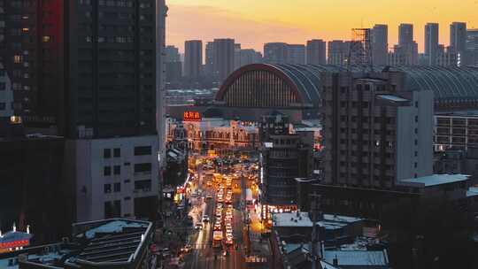 沈阳站冬季蓝调航拍4K大气城市风景