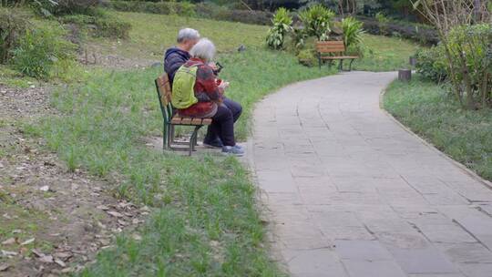 公园老人坐长椅上享受时光