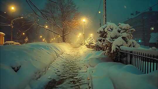 下雪的城市雪景夜晚夜景浪漫孤独意境街道唯