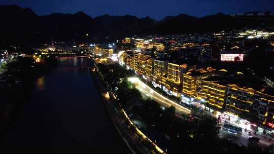 贵州茅台酒镇城市赤水河滨夜景风光航拍