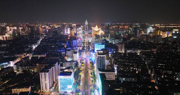 航拍杭州延安路商业中心夜景