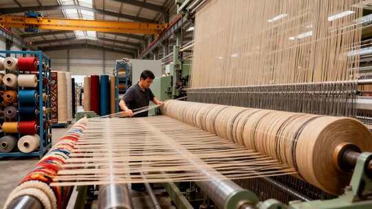 工厂工人操作纺织机器画面