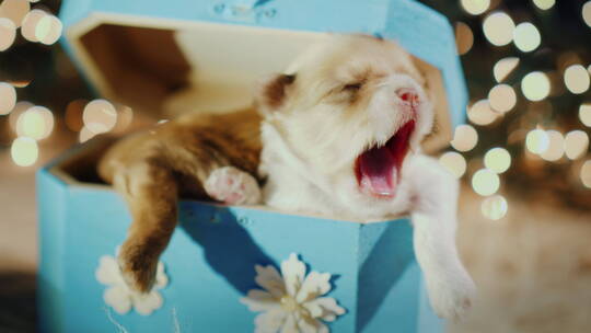 礼品盒里一只昏昏欲睡的小狗视频素材模板下载