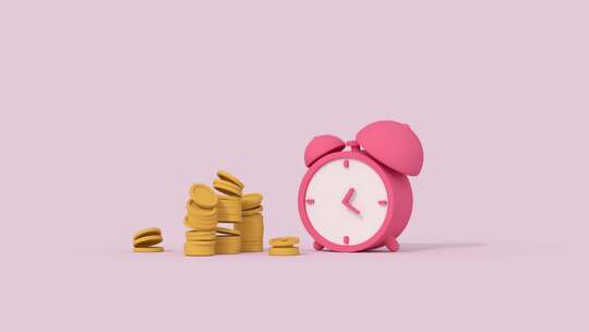 时钟和硬币。时间和金钱概念。3D渲染最小