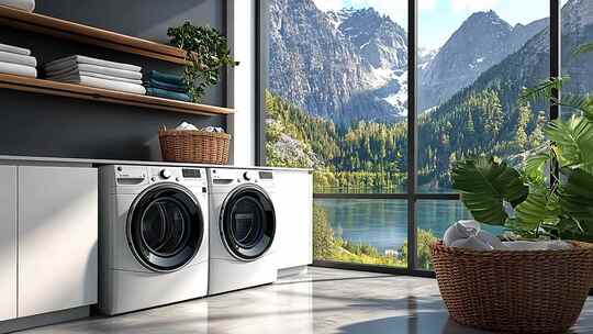 室内洗衣机绿植阳光场景