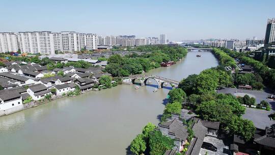 航拍杭州城北拱宸桥古运河和现代城市风光