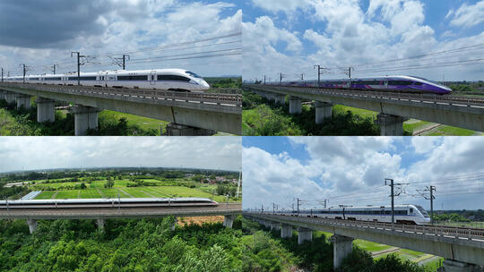 蓝天白云和谐号复兴号高铁动车列车飞驰而过高清在线视频素材下载