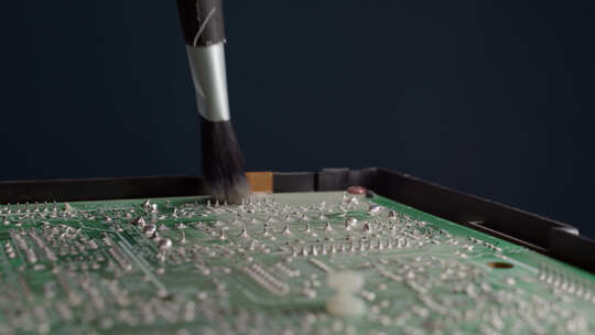 电子服务中心的特写工人清除旧大芯片上的灰尘