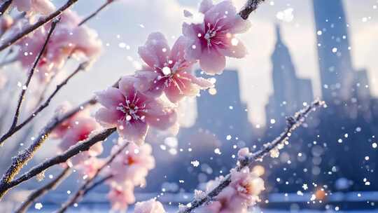 城市中覆雪的粉色花朵