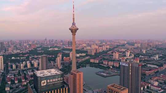 城市宣传天津地标天塔大气航拍延时夕阳