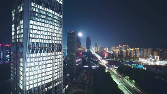 航拍夜晚杭州滨江灯火通明的现代办公大楼