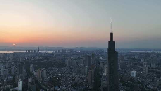 航拍江苏南京中央商务区紫峰大厦夕阳景观