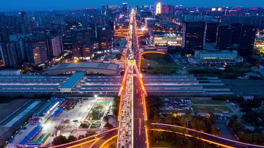 成都南站跨线大桥夜景航拍延时视频素材模板下载
