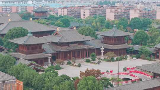 航拍上海宝山寺佛教寺院自然风光