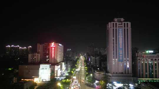 航拍广东湛江国贸大厦夜景