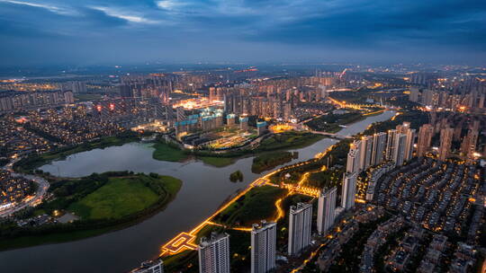 辽宁沈阳沈北新区蒲河沿岸城市夜景航拍延时