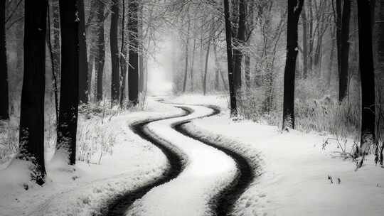 积雪森林中的车轮痕迹