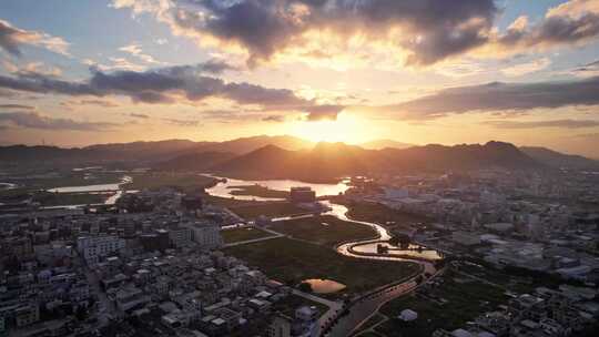 潮州河流水库日落晚霞航拍