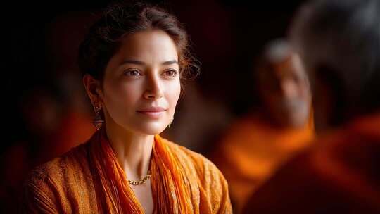 身着传统服饰的女性在仪式中沉思