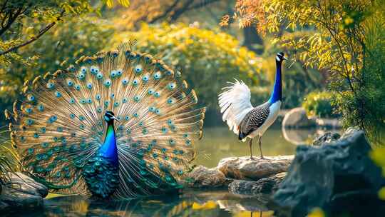 园林孔雀孔雀开屏 中式园林亭台楼阁湖水潺