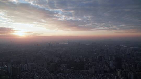 广州珠江城市高楼建筑群日出朝霞云彩航拍
