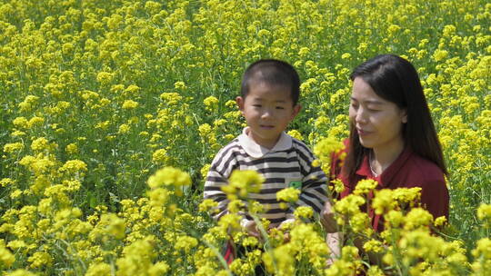 春天中国女性和小朋友在油菜花田地中玩耍