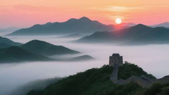 航拍云雾缭绕的壮美万里长城云海日出延时