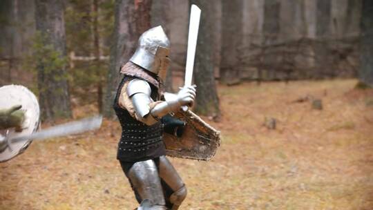 在树林里战斗的中世纪骑士