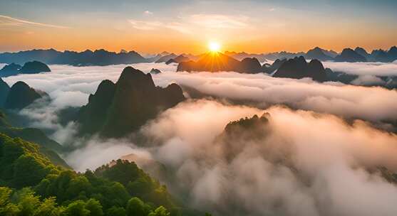 桂林山水合集山峰云海群山云雾缭绕自然风景