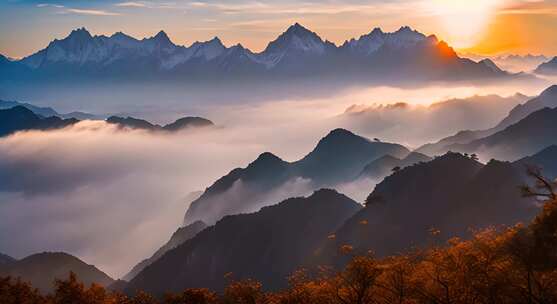 雪山云雾阳光山峰云海日出自然生态环境风景