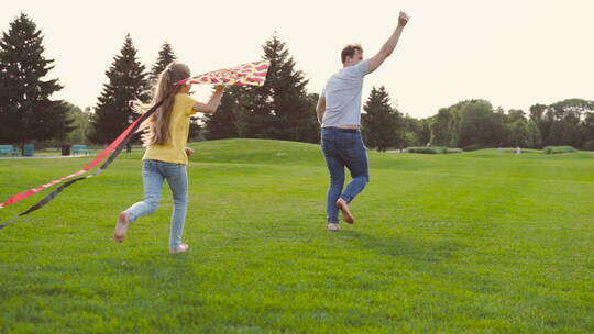 在草地上放风筝的父女