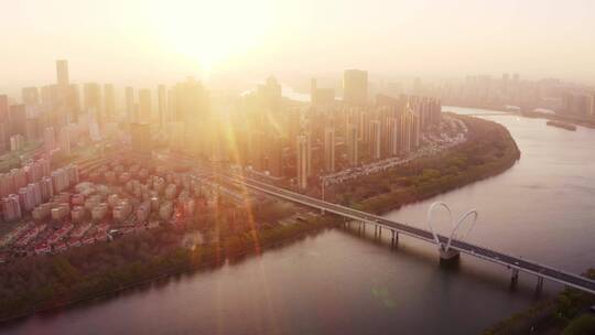 航拍沈阳浑河大桥和现代城市风光