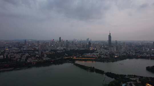 江苏南京夕阳晚霞夜幕降临夜景灯光航拍