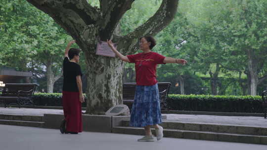 老人公园跳广场舞锻炼