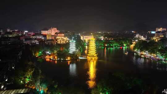 航拍广西桂林日月塔夜景