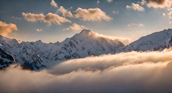 雪山云雾森林阳光树林远山峰大自然生态风景