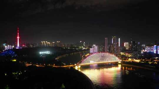 湖北武汉夜景武汉晴川桥夜景航拍