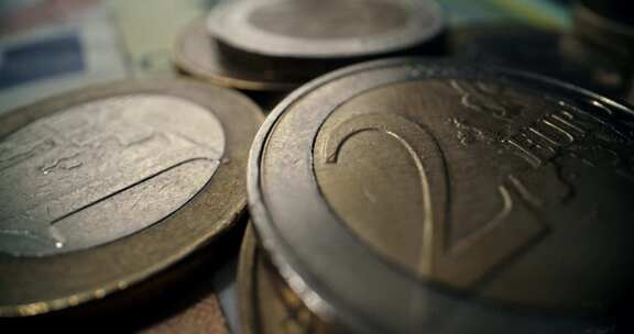 硬币、欧元、堆、钞票