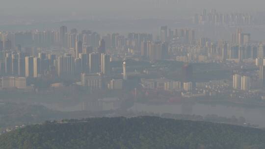 武汉东湖航拍东湖山脉水域城市晨雾