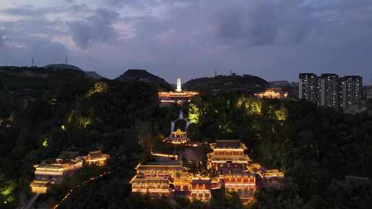 甘肃兰州白塔山公园兰州白塔寺夜景航拍