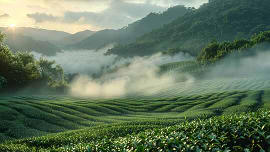 晨曦中的梯田式茶园景观