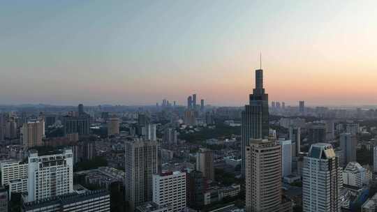 航拍江苏南京中央商务区紫峰大厦夕阳景观