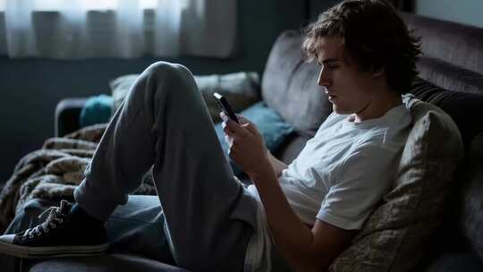 男子沙发上玩手机素材