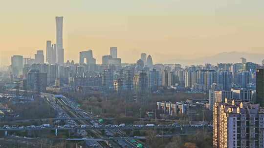 夕阳下北京国贸CBD城市天际线傍晚全景