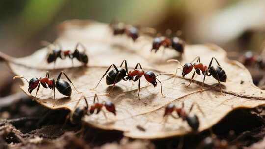 蚂蚁在枯叶上活动的微距画面