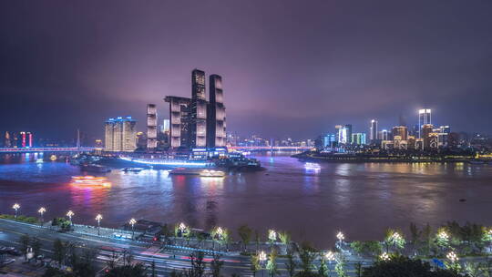 重庆市朝天门夜景延时 两江夜游船来船往