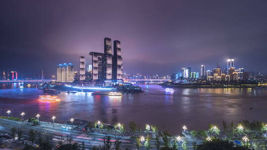 重庆市朝天门夜景延时 两江夜游船来船往视频素材模板下载