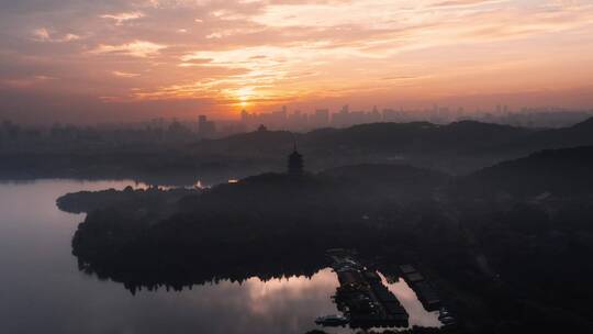 西湖朝霞航拍